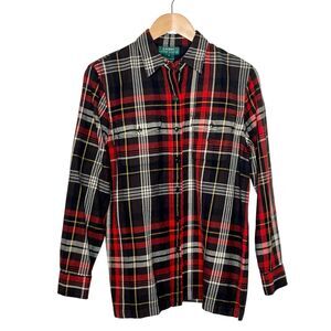Lauren Ralph Lauren Worsted Wool Plaid Button Up Shirt Red Black Brown Womens M